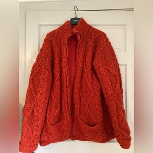 Vintage XL Wool Burnt Orange Hippie Fleece Lined Hooded Cardigan Boho Flaw